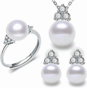 Stylish White Freshwater Cultured Pearl Pendant Earrings and Ring Set AAAA Quality Sterling Silver with Paved CZ - PremiumPearl