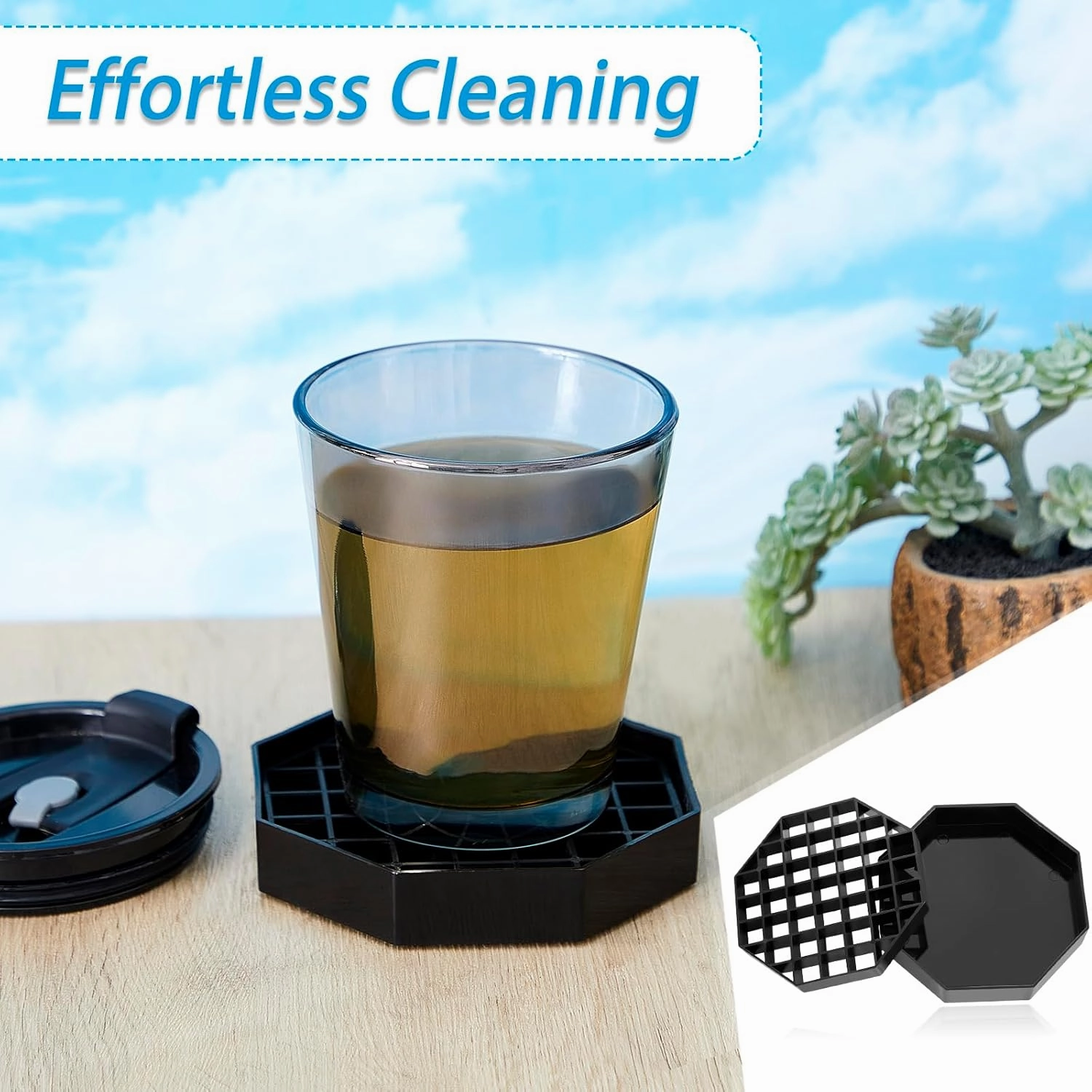 Suclain 8 Pcs 4 Inch Coffee Drip Tray Black Plastic Octagon Coffee Countertop Drip Coaster with Honeycomb Grid for Drink Tea Wine Beverage Dispenser