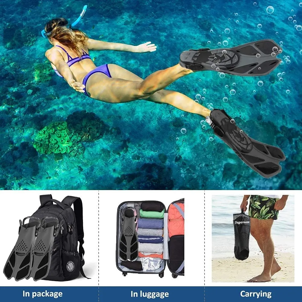 Sugaroom Swim Fins Open Heel, Adjustable Snorkel Fins Diving Fins with Mesh Bag, Snorkeling Gear Flippers Travel Size Short Flippers for Lap Swimming Scuba Dive Adult Men Women Kids
