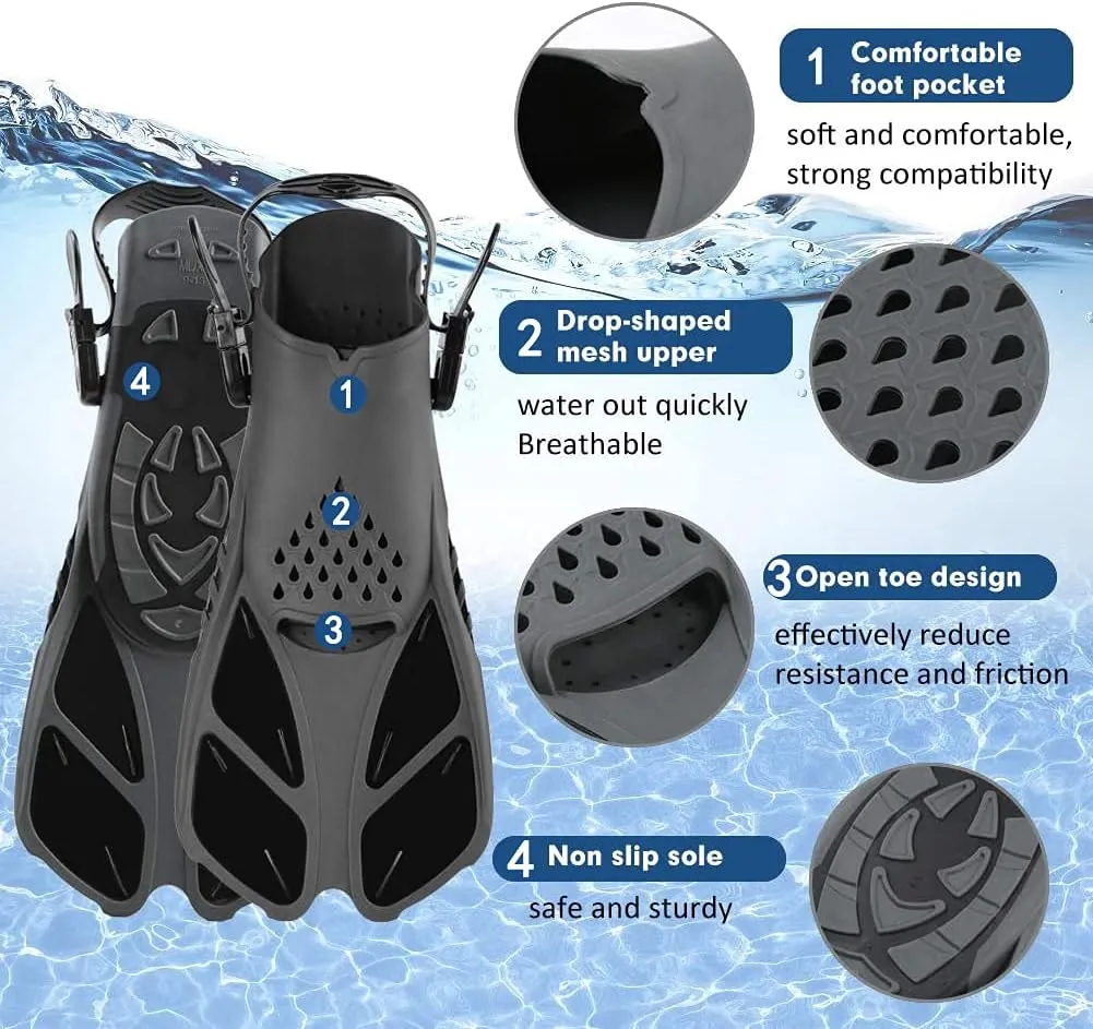 Sugaroom Swim Fins Open Heel, Adjustable Snorkel Fins Diving Fins with Mesh Bag, Snorkeling Gear Flippers Travel Size Short Flippers for Lap Swimming Scuba Dive Adult Men Women Kids
