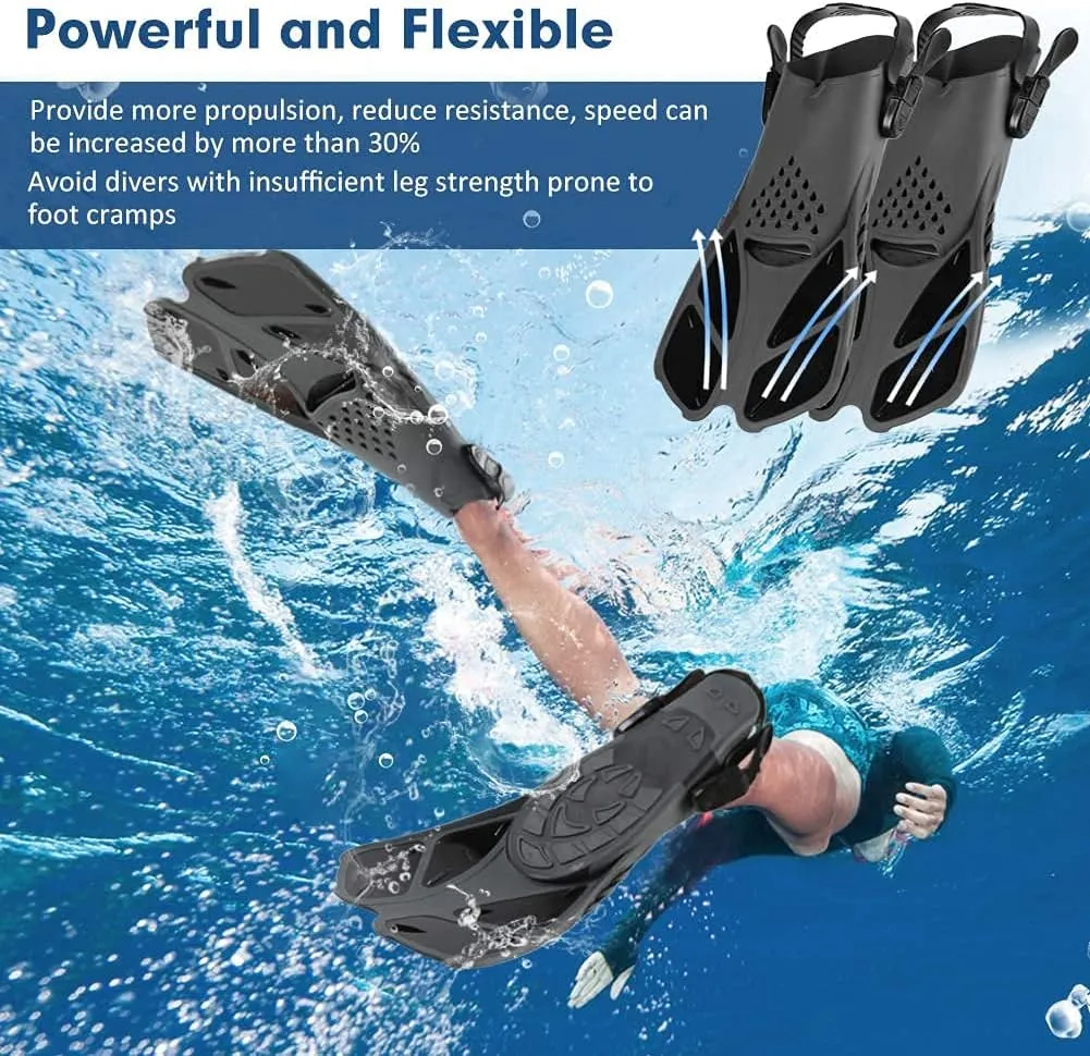Sugaroom Swim Fins Open Heel, Adjustable Snorkel Fins Diving Fins with Mesh Bag, Snorkeling Gear Flippers Travel Size Short Flippers for Lap Swimming Scuba Dive Adult Men Women Kids