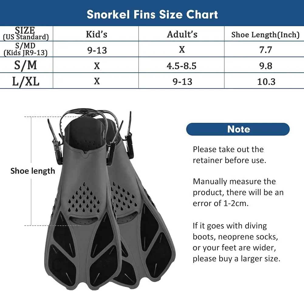 Sugaroom Swim Fins Open Heel, Adjustable Snorkel Fins Diving Fins with Mesh Bag, Snorkeling Gear Flippers Travel Size Short Flippers for Lap Swimming Scuba Dive Adult Men Women Kids