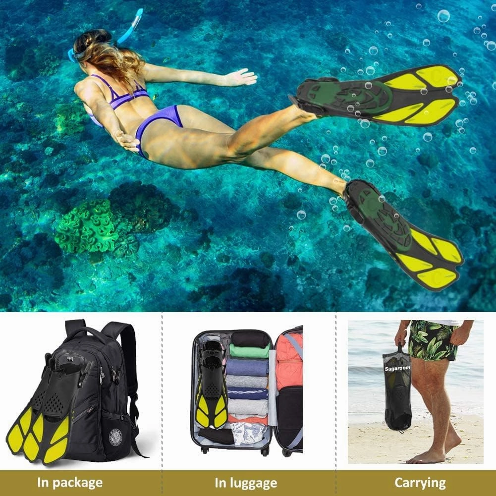 Sugaroom Swim Fins Open Heel, Adjustable Snorkel Fins Diving Fins with Mesh Bag, Snorkeling Gear Flippers Travel Size Short Flippers for Lap Swimming Scuba Dive Adult Men Women Kids