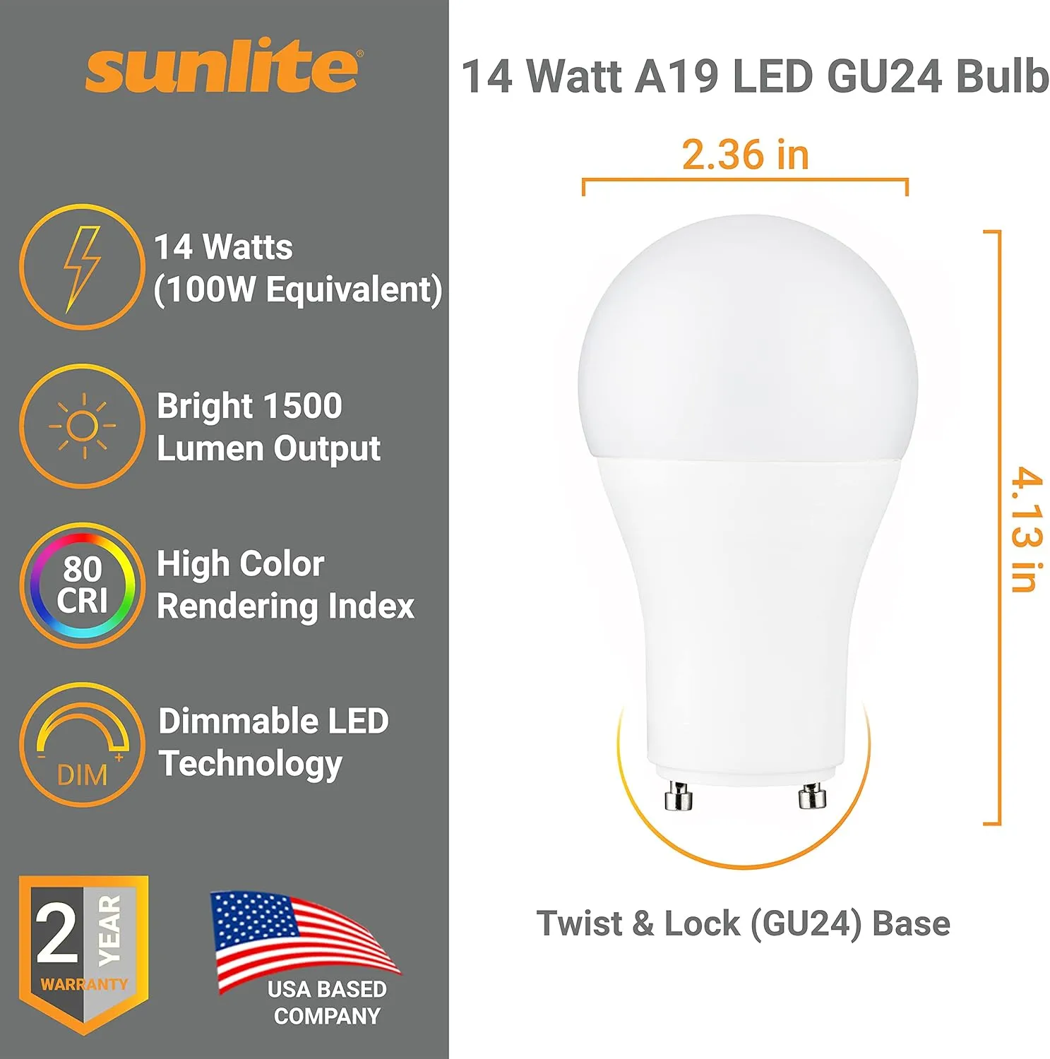 Sunlite A19 GU24 Dimmable Light Bulb, 14 Watts (100W Equivalent) 1500 Lumens, 2 Prong LED Twist and Lock Base, UL Listed, Rated for Enclosed Fixtures, 4000K Cool White, 6 Pack