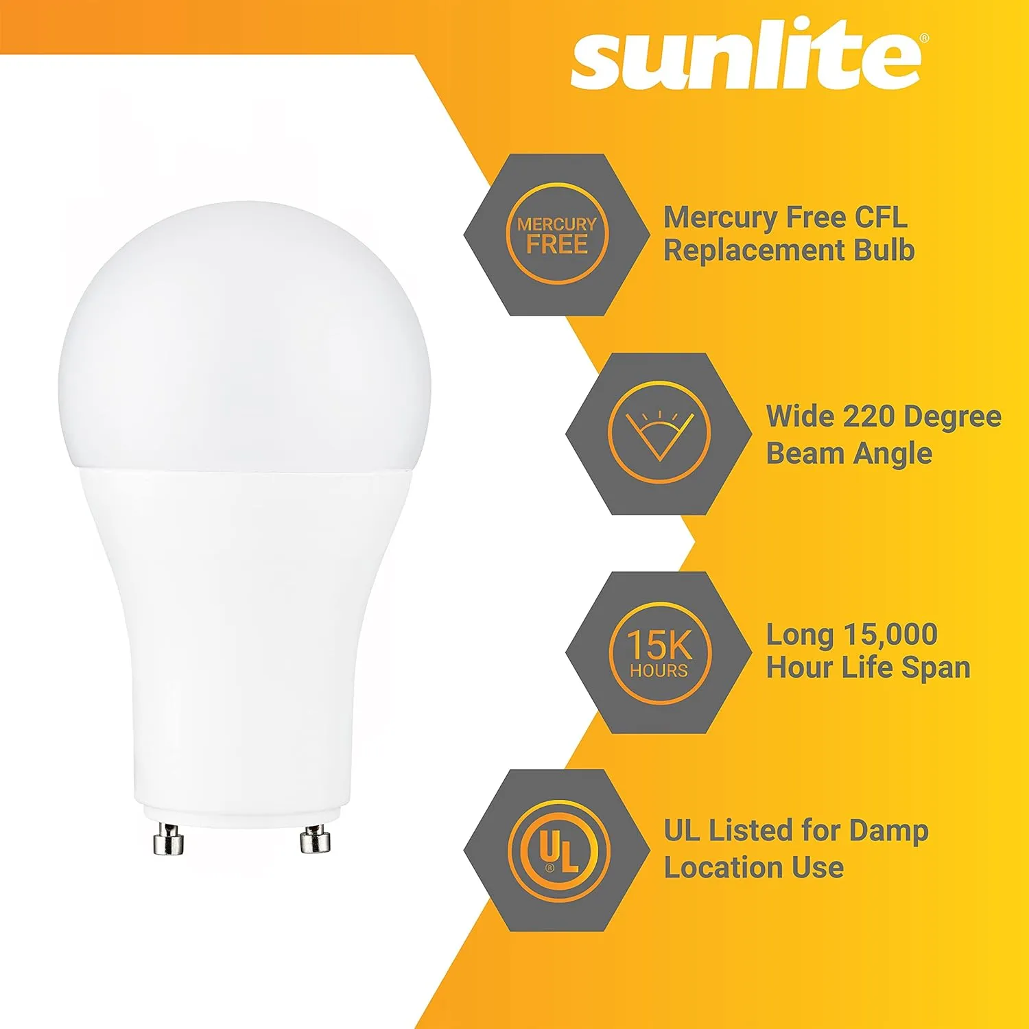 Sunlite A19 GU24 Dimmable Light Bulb, 14 Watts (100W Equivalent) 1500 Lumens, 2 Prong LED Twist and Lock Base, UL Listed, Rated for Enclosed Fixtures, 4000K Cool White, 6 Pack