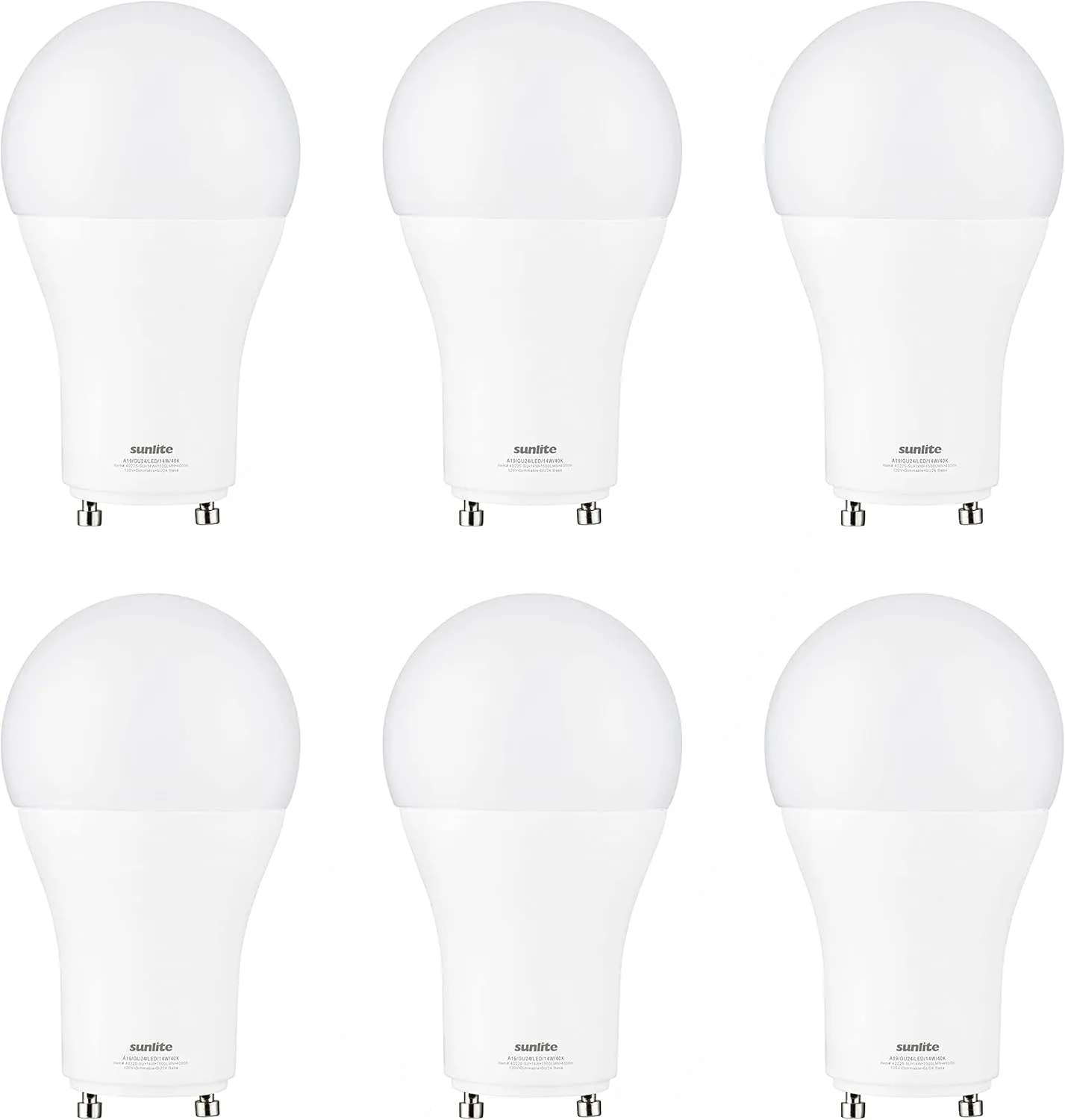 Sunlite A19 GU24 Dimmable Light Bulb, 14 Watts (100W Equivalent) 1500 Lumens, 2 Prong LED Twist and Lock Base, UL Listed, Rated for Enclosed Fixtures, 4000K Cool White, 6 Pack