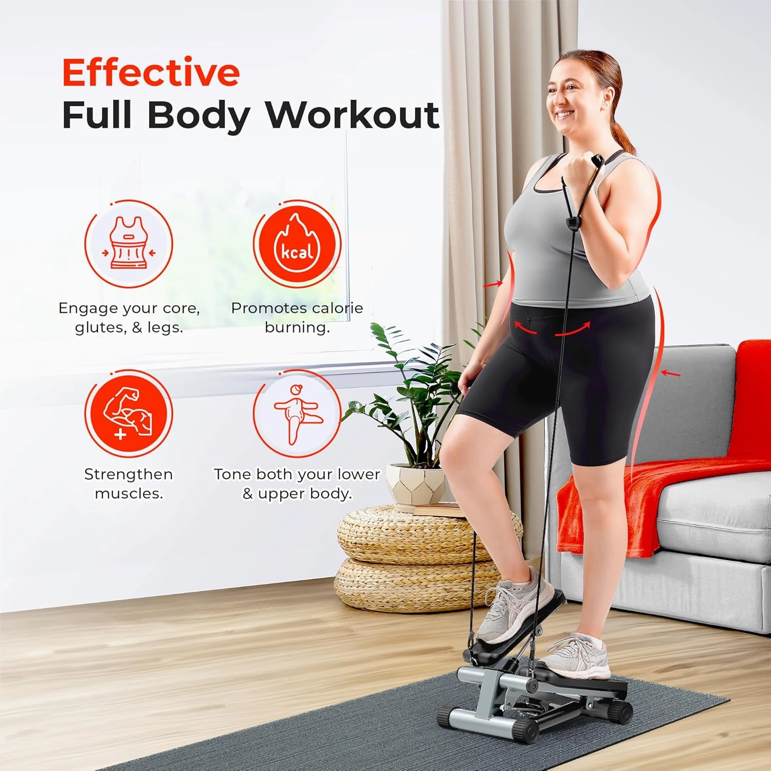 Sunny Health & Fitness Mini Stepper for Exercise at Home, Stair Step Workout Machine with Resistance Band, Fullbody Cardio, Upgraded Over 300lb Weight Capacity, Optional Free SunnyFit App Connection