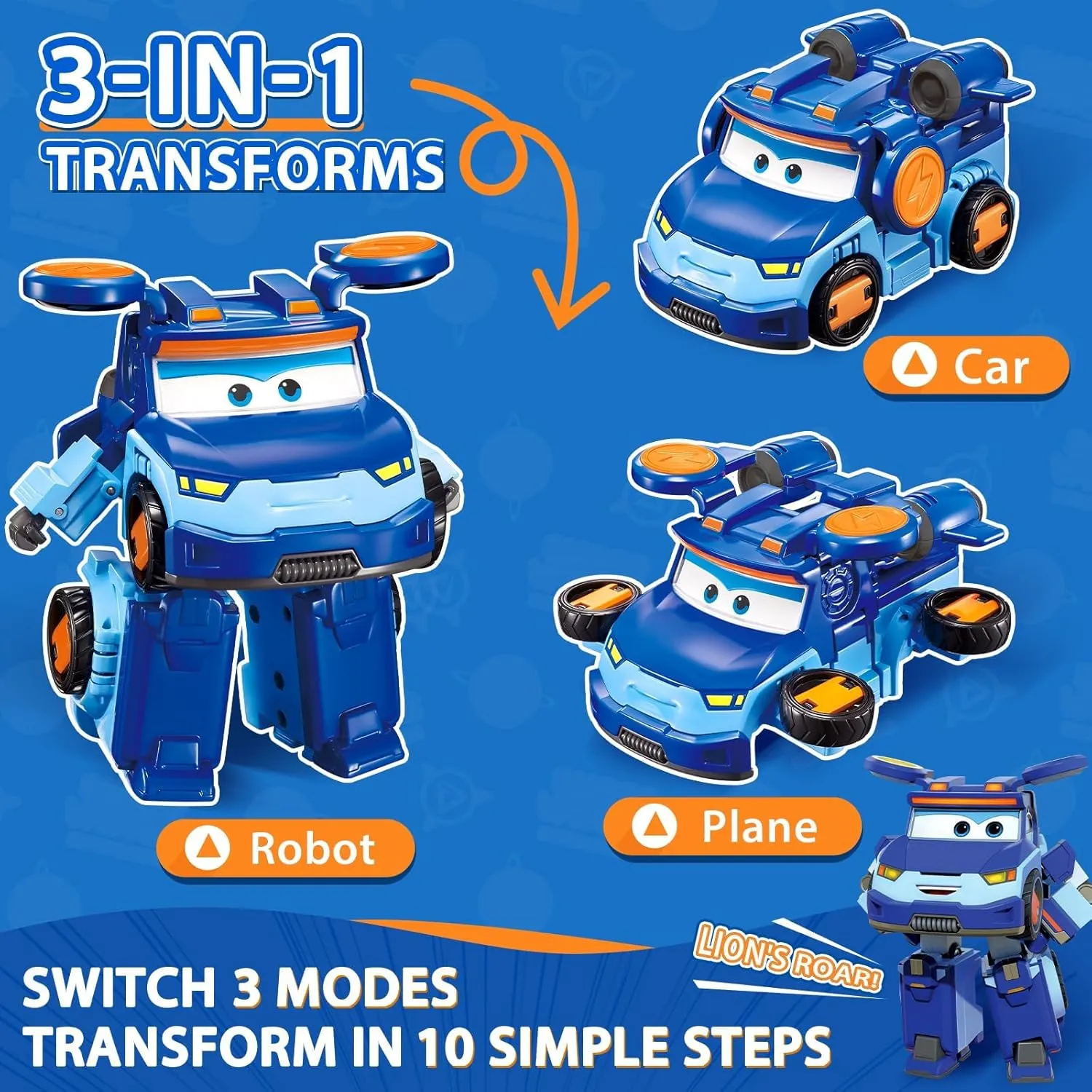 Super Wings Transformable Toys 5" Action Figure Supercharge Tobot Leo, 3 in 1 Rescue Bots Transforming Airplane Car Robot Toys, Educational Toys for Boys and Girls Age 3 , Gifts for Preschool Kids