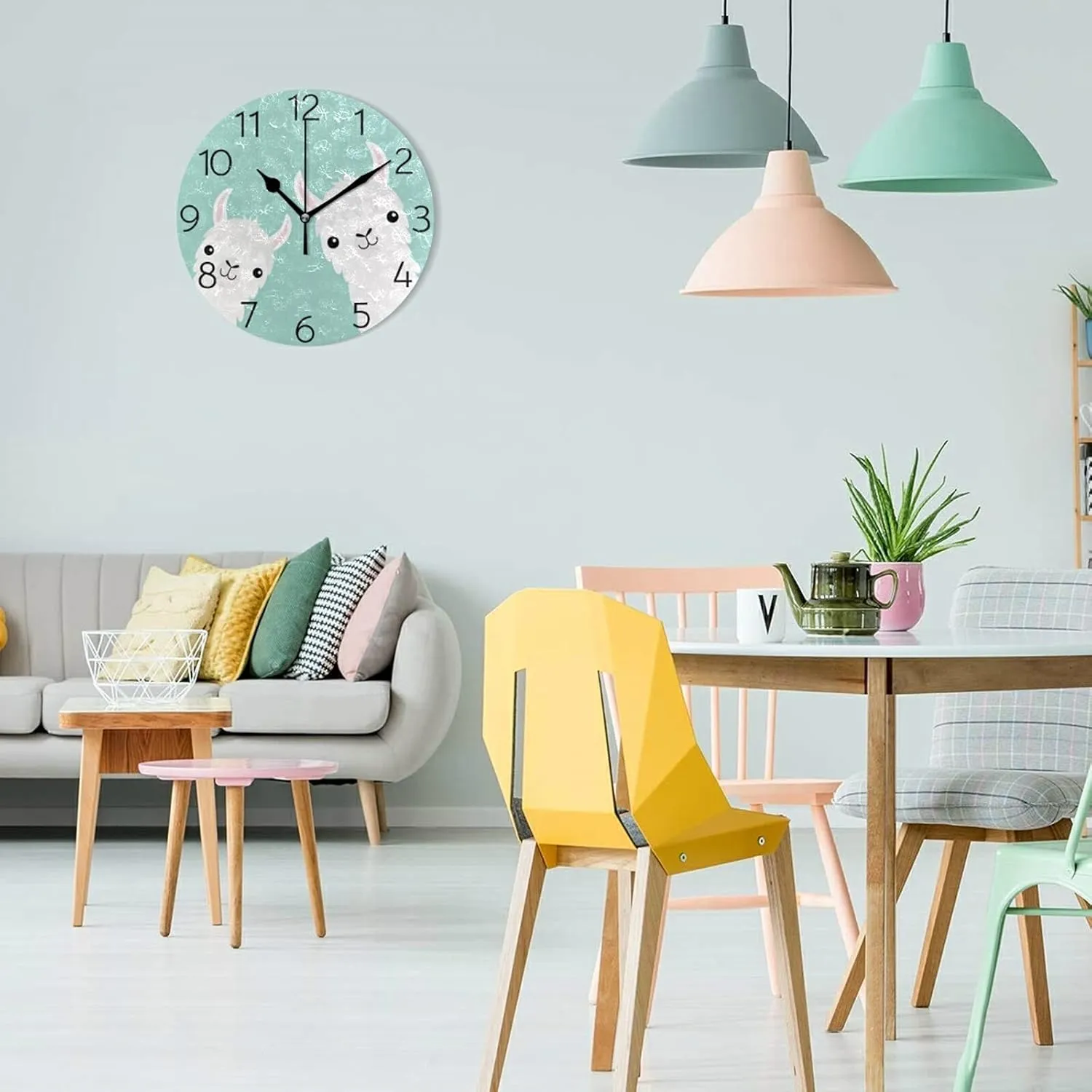 susiyo Animal Cute Llama Alpaca Wall Clock Silent Round Wall Clock Non Ticking Battery Operated Creative Decorative Clock for Kids Living Room Bedroom Office Kitchen Home Decor