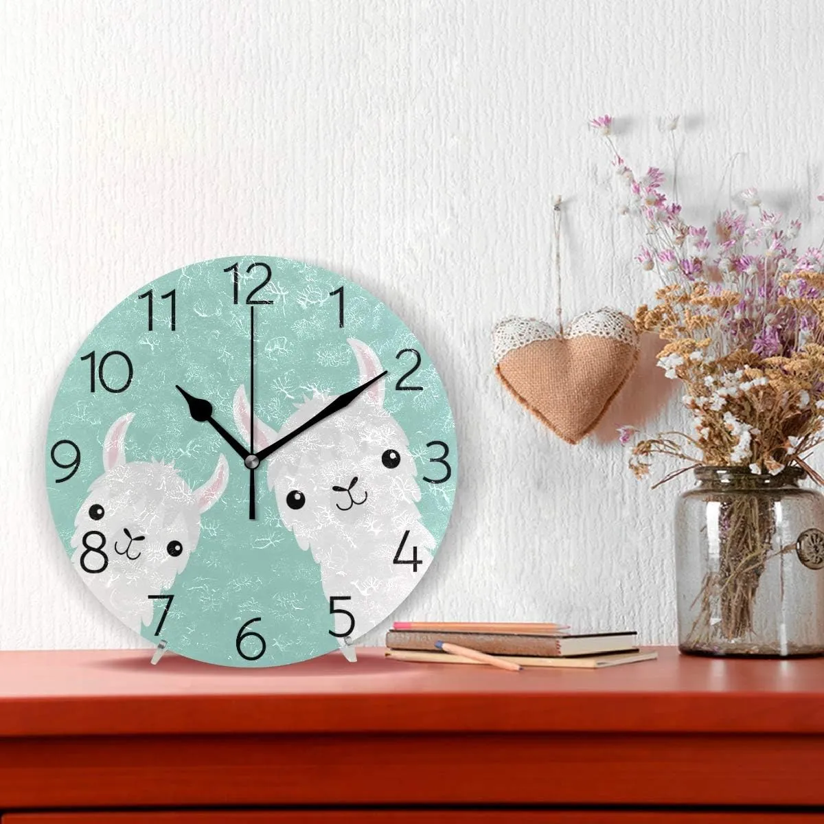 susiyo Animal Cute Llama Alpaca Wall Clock Silent Round Wall Clock Non Ticking Battery Operated Creative Decorative Clock for Kids Living Room Bedroom Office Kitchen Home Decor