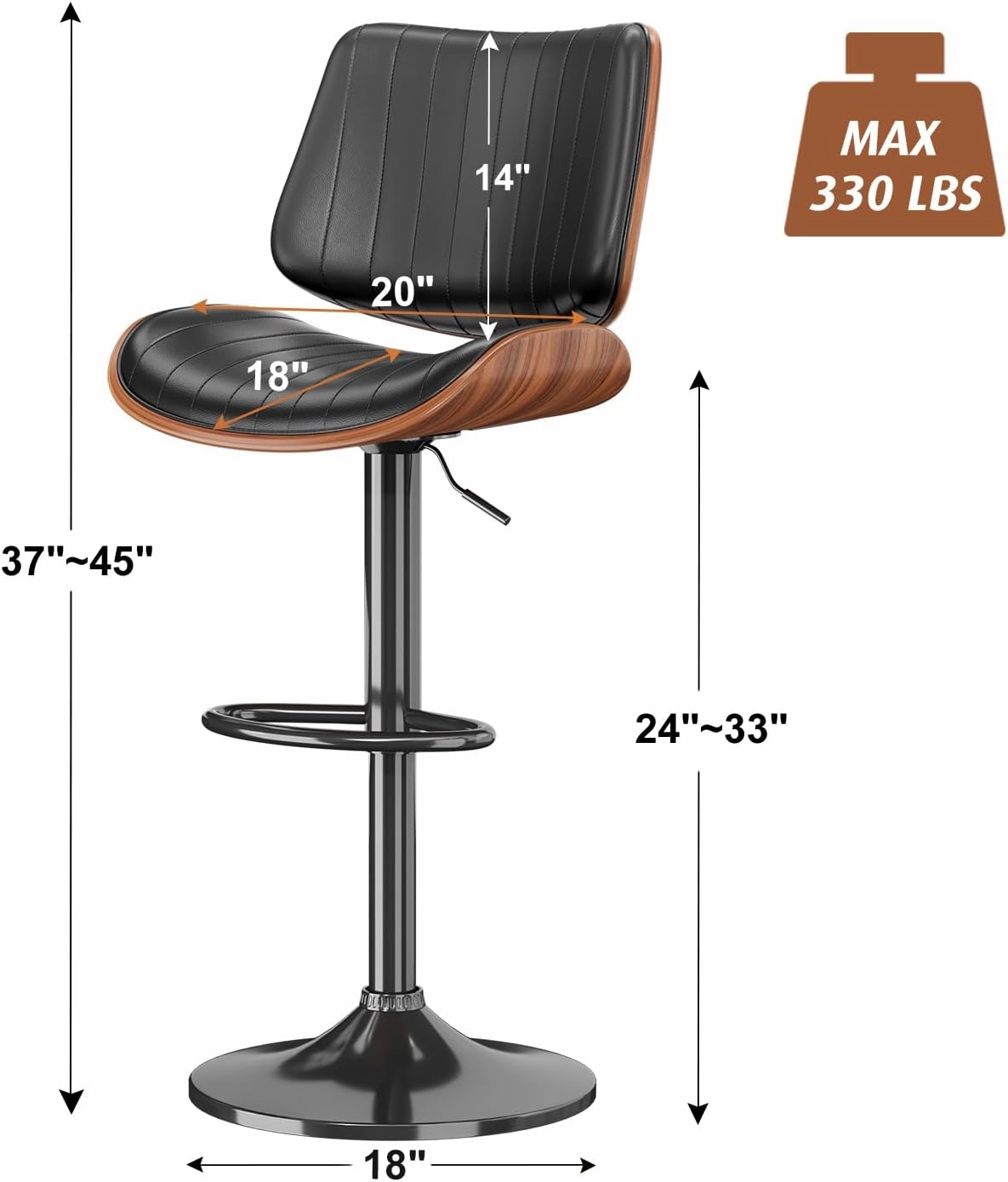 Swivel Bar Stools Set of 4, Adjustable Bentwood Barstools for Kitchen Counter, Modern PU Leather Upholstered Bar Chair with Back and Footrest, for Kitchen Island, Bar, Dining Room, Black