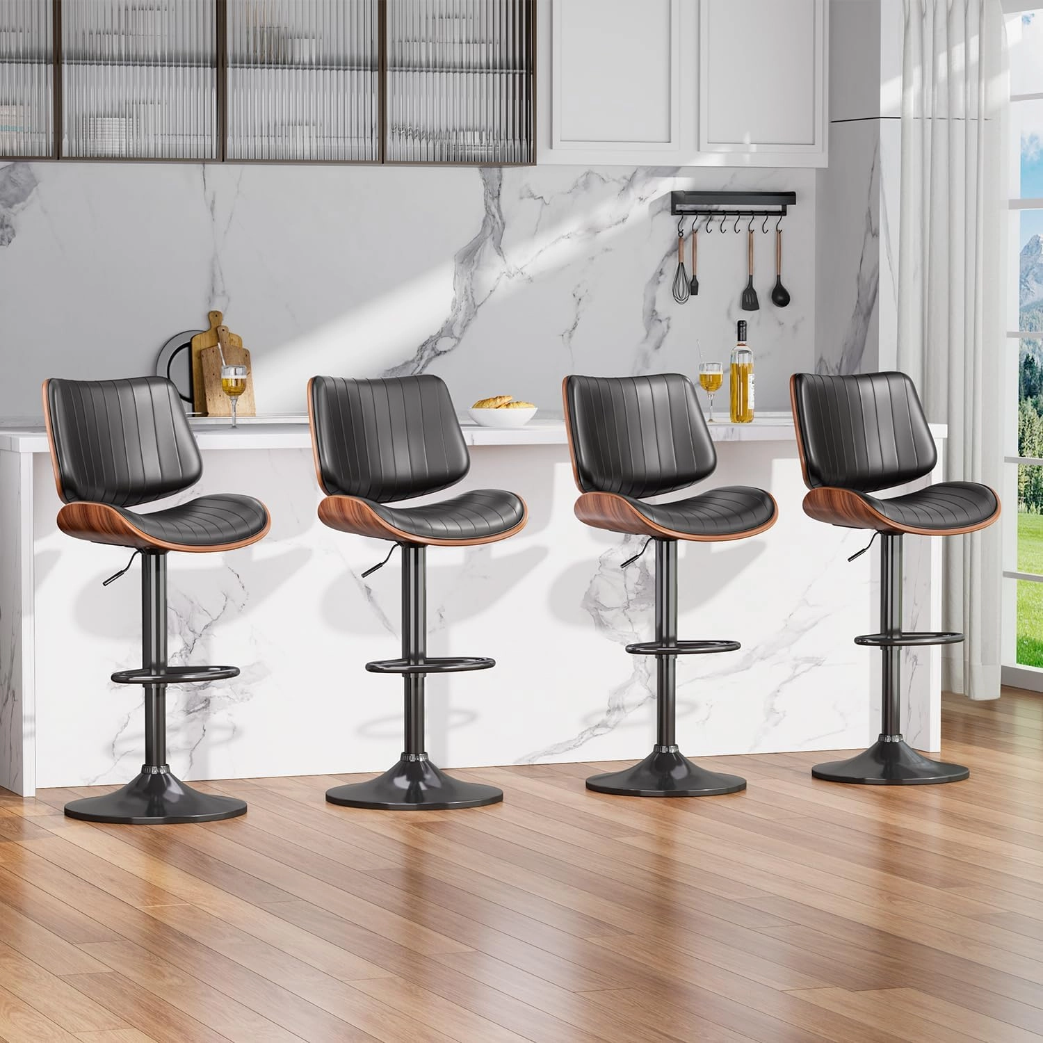 Swivel Bar Stools Set of 4, Adjustable Bentwood Barstools for Kitchen Counter, Modern PU Leather Upholstered Bar Chair with Back and Footrest, for Kitchen Island, Bar, Dining Room, Black