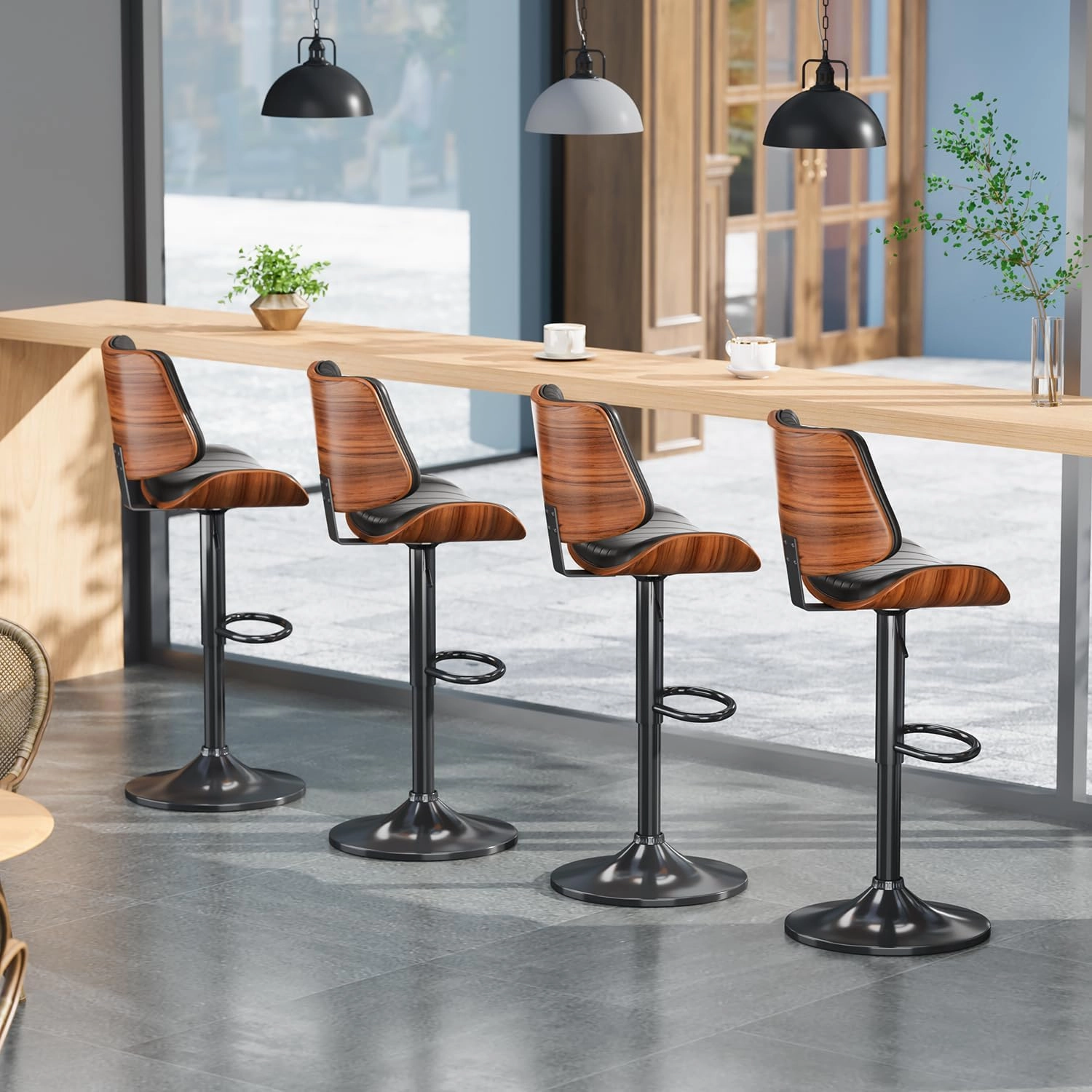 Swivel Bar Stools Set of 4, Adjustable Bentwood Barstools for Kitchen Counter, Modern PU Leather Upholstered Bar Chair with Back and Footrest, for Kitchen Island, Bar, Dining Room, Black