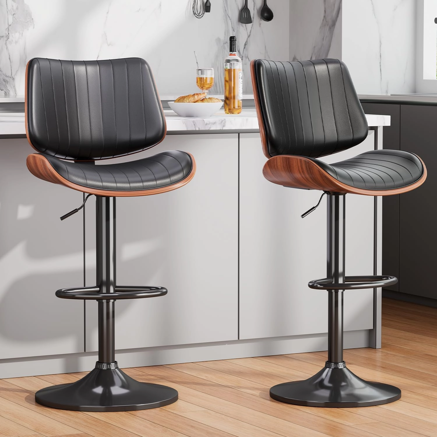 Swivel Bar Stools Set of 4, Adjustable Bentwood Barstools for Kitchen Counter, Modern PU Leather Upholstered Bar Chair with Back and Footrest, for Kitchen Island, Bar, Dining Room, Black
