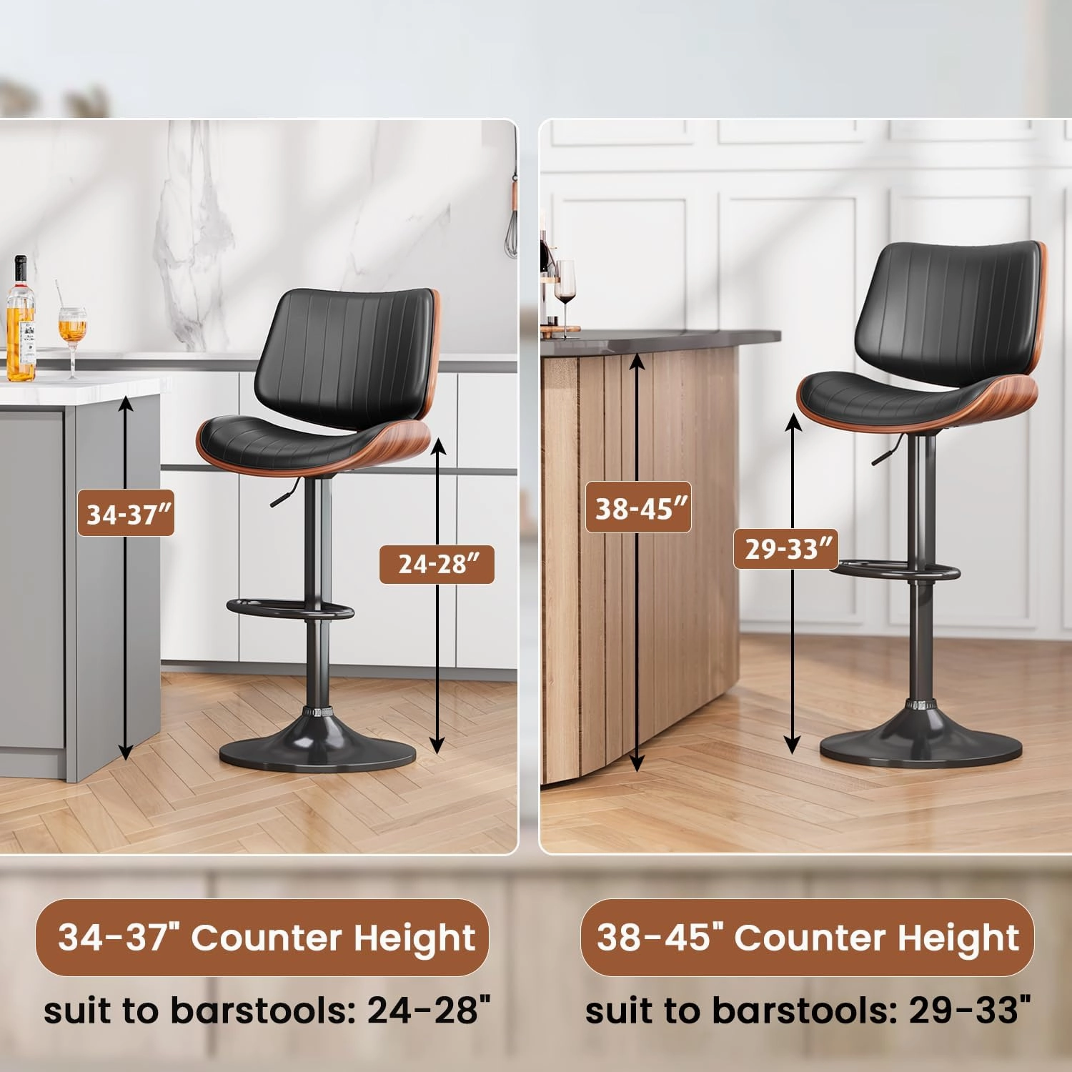 Swivel Bar Stools Set of 4, Adjustable Bentwood Barstools for Kitchen Counter, Modern PU Leather Upholstered Bar Chair with Back and Footrest, for Kitchen Island, Bar, Dining Room, Black