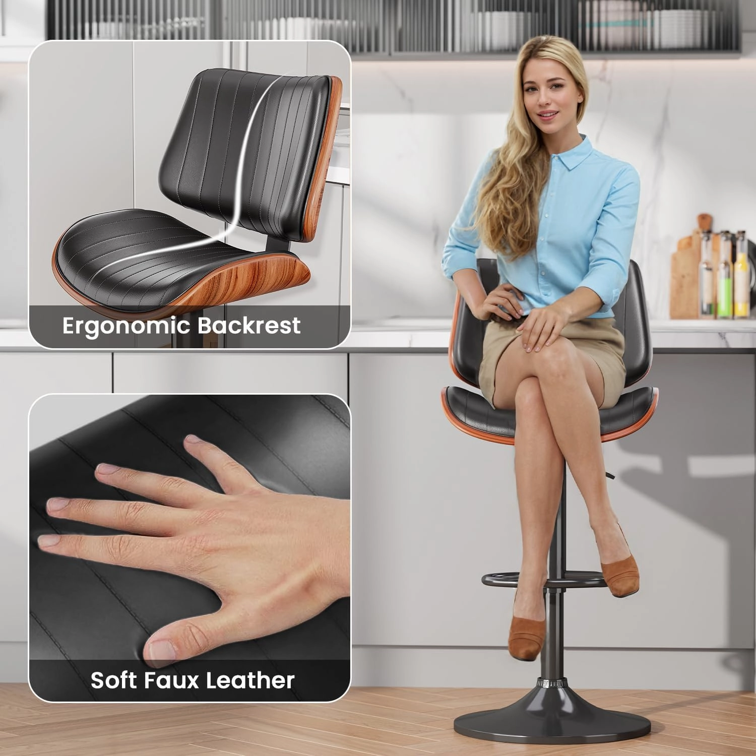 Swivel Bar Stools Set of 4, Adjustable Bentwood Barstools for Kitchen Counter, Modern PU Leather Upholstered Bar Chair with Back and Footrest, for Kitchen Island, Bar, Dining Room, Black