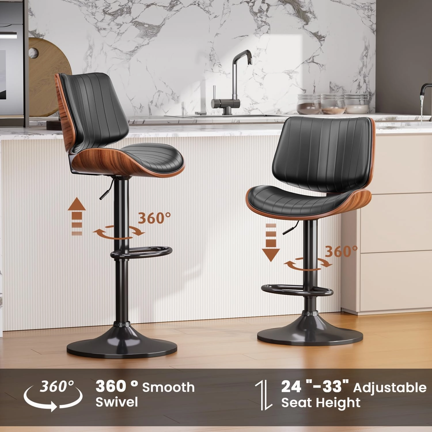 Swivel Bar Stools Set of 4, Adjustable Bentwood Barstools for Kitchen Counter, Modern PU Leather Upholstered Bar Chair with Back and Footrest, for Kitchen Island, Bar, Dining Room, Black