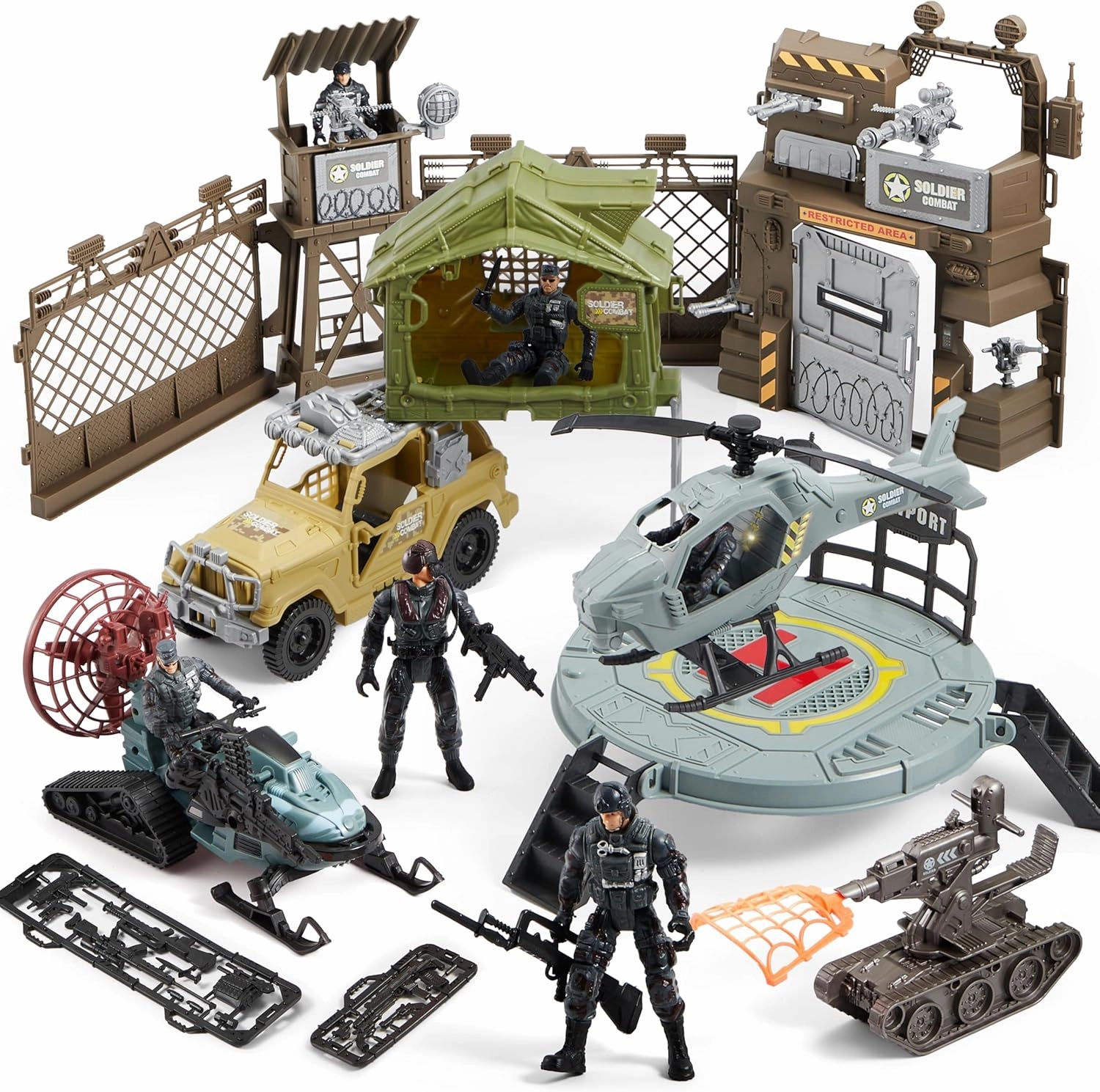 SYNCFUN Military Toy Set with Army Base, Vehicles, Action Figures & Weapon Accessories, Helicopter with Light & Sound - Christmas Birthday Gift for Kids Boys Girls