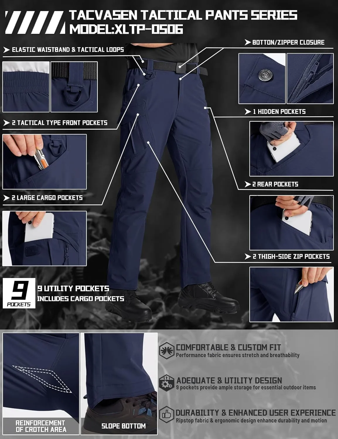 TACVASEN Men's Cargo Work Pants Construction Tactical Water Resistant Lightweight Outdoor Hiking Pants with 9 Pockets