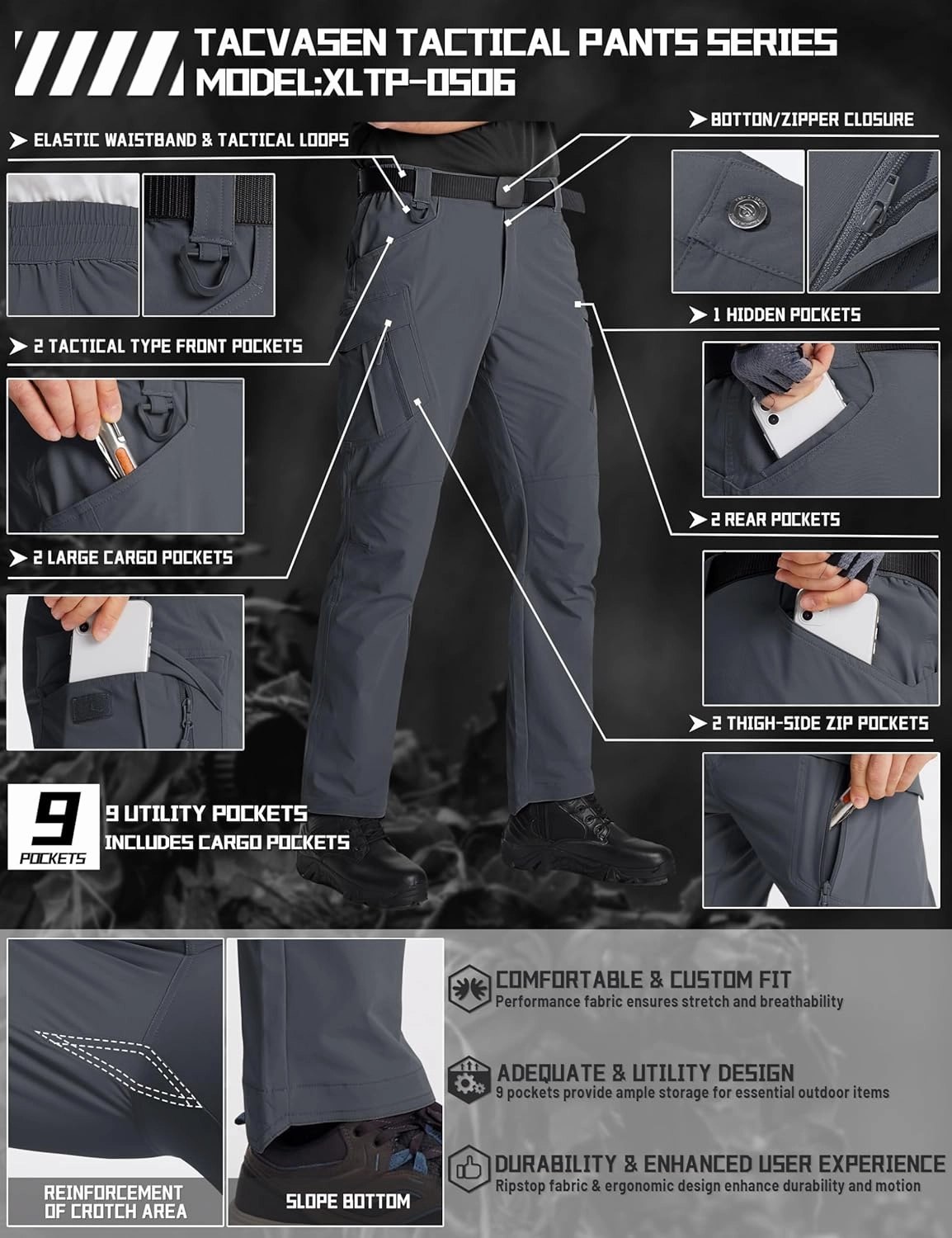 TACVASEN Men's Cargo Work Pants Construction Tactical Water Resistant Lightweight Outdoor Hiking Pants with 9 Pockets