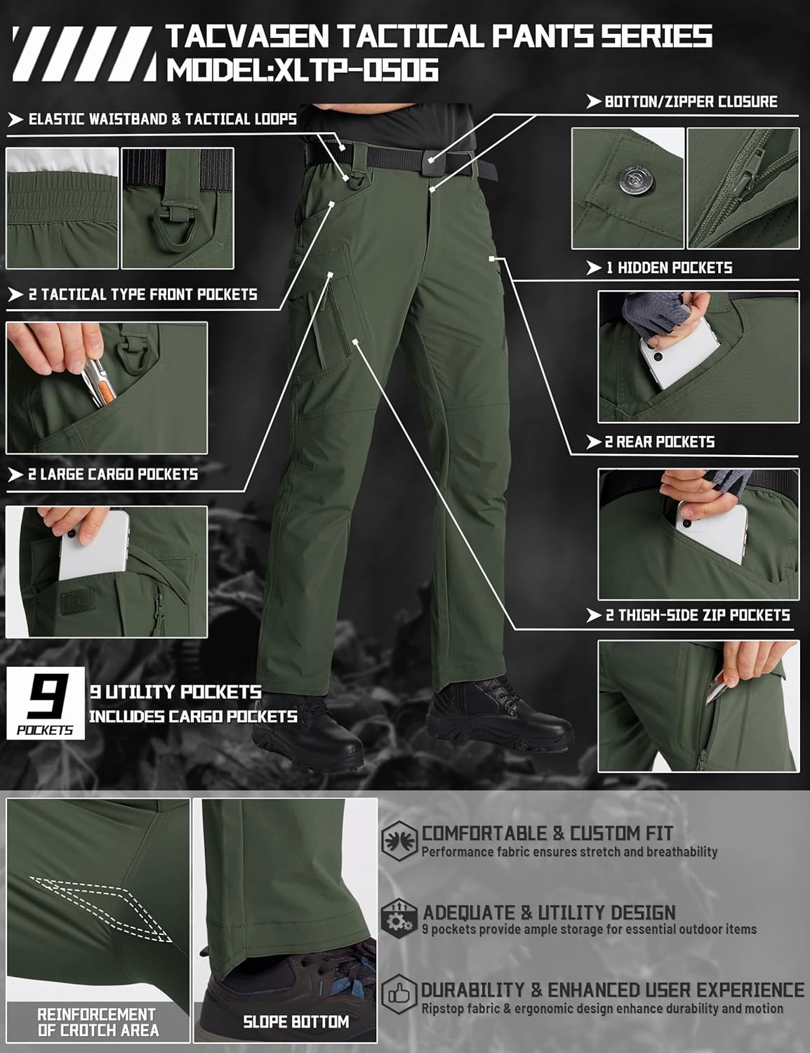 TACVASEN Men's Cargo Work Pants Construction Tactical Water Resistant Lightweight Outdoor Hiking Pants with 9 Pockets