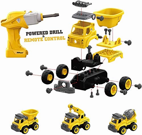Take Apart Toys with Electric Drill | Converts to Remote Control Car | 3 in one Construction Truck Take Apart Toy for Boys | Gift Toys for Boys 3,4,5,6,7 Year Olds | Kids Stem Building Toy