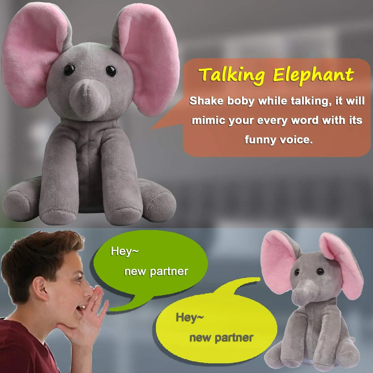 Talking Elephant, Interactive Stuffed Plush Animal Talking Toy Cute Sound Effects with Repeats Your Said Voice, Best Buddy for Kids Gift Age 3 