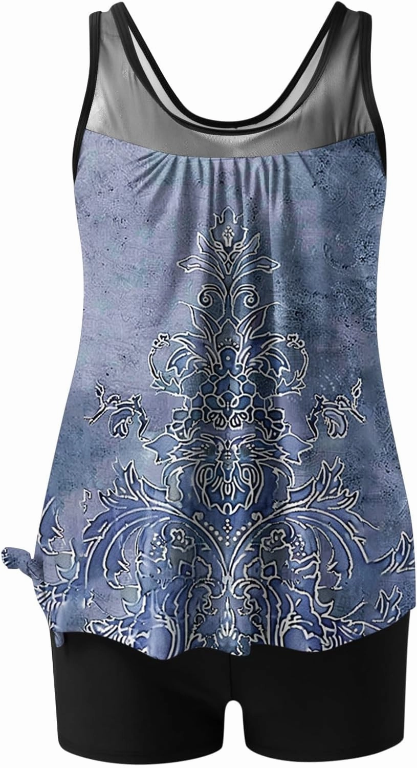 Tankini Swimsuits for Women Blouson Modest Two Piece Bathing Suit with Shorts Floral Print 2025 Athletic Swimwear