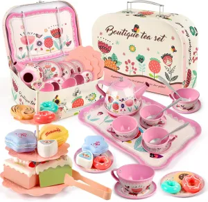 Tea Party Set for Little Girls, Flower Tea Set Toys for Girls Age 3 4 5 6 Year Old, Toddler Kids Kitchen Pretend Play Toys with Tin Tea Set, Cake Stand, for Girls