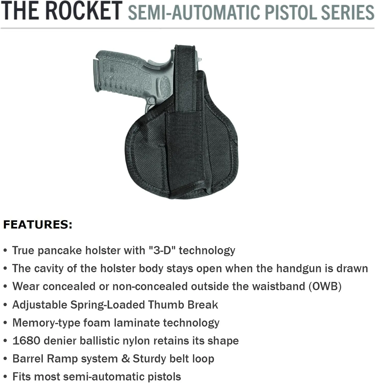 The Rocket OWB Right Hand Pancake Holster for Semi-Automatic Pistols - Durable Compact Conceal Carry Outside The Waistband Handgun Holster for Men & Women - Black