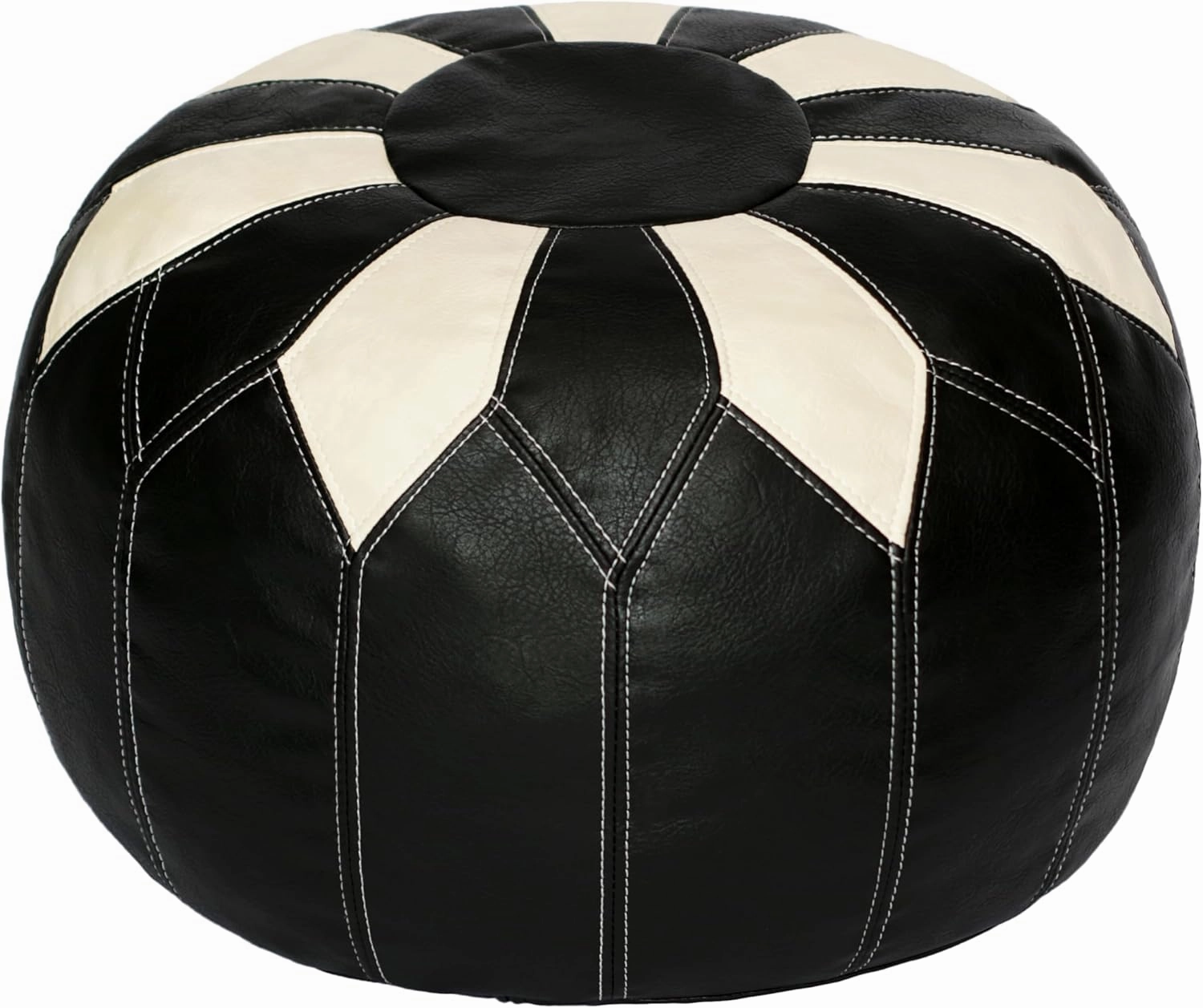 Thgonwid Unstuffed Moroccan Faux Leather Pouf Ottoman with Storage - Handmade Boho Chic Multi-Use Footrest for Living Room, Bedroom, Patio - Round Ethnic Floor Cushion & Decorative Accent, Black&White
