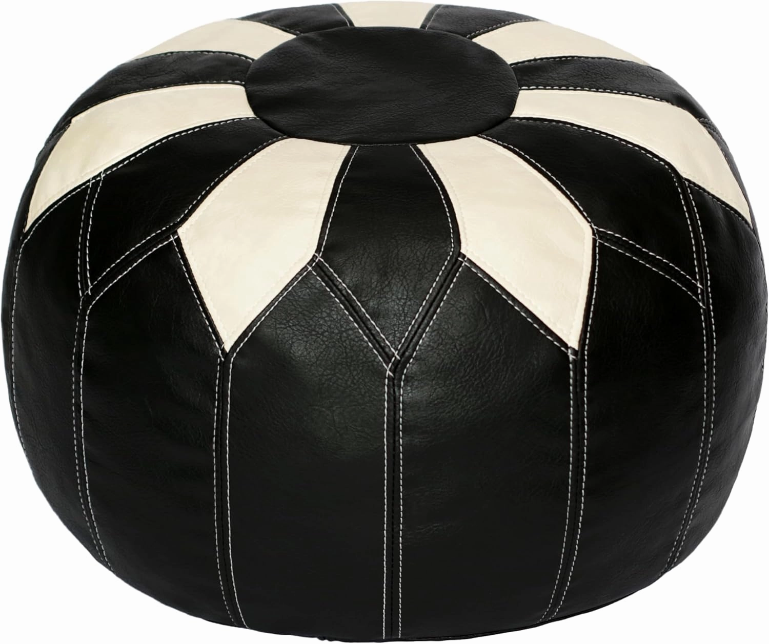 Thgonwid Unstuffed Moroccan Faux Leather Pouf Ottoman with Storage - Handmade Boho Chic Multi-Use Footrest for Living Room, Bedroom, Patio - Round Ethnic Floor Cushion & Decorative Accent, Black&White