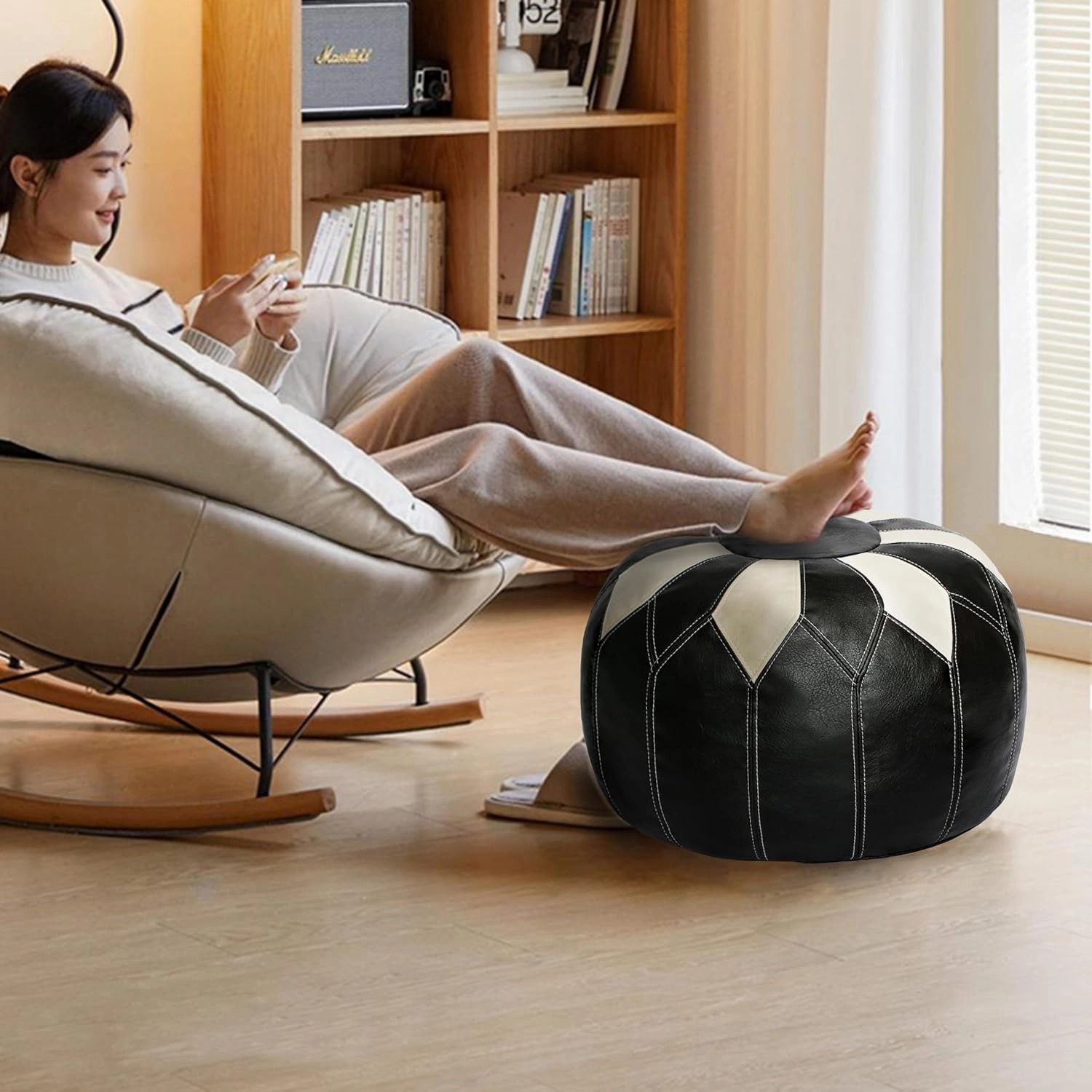 Thgonwid Unstuffed Moroccan Faux Leather Pouf Ottoman with Storage - Handmade Boho Chic Multi-Use Footrest for Living Room, Bedroom, Patio - Round Ethnic Floor Cushion & Decorative Accent, Black&White