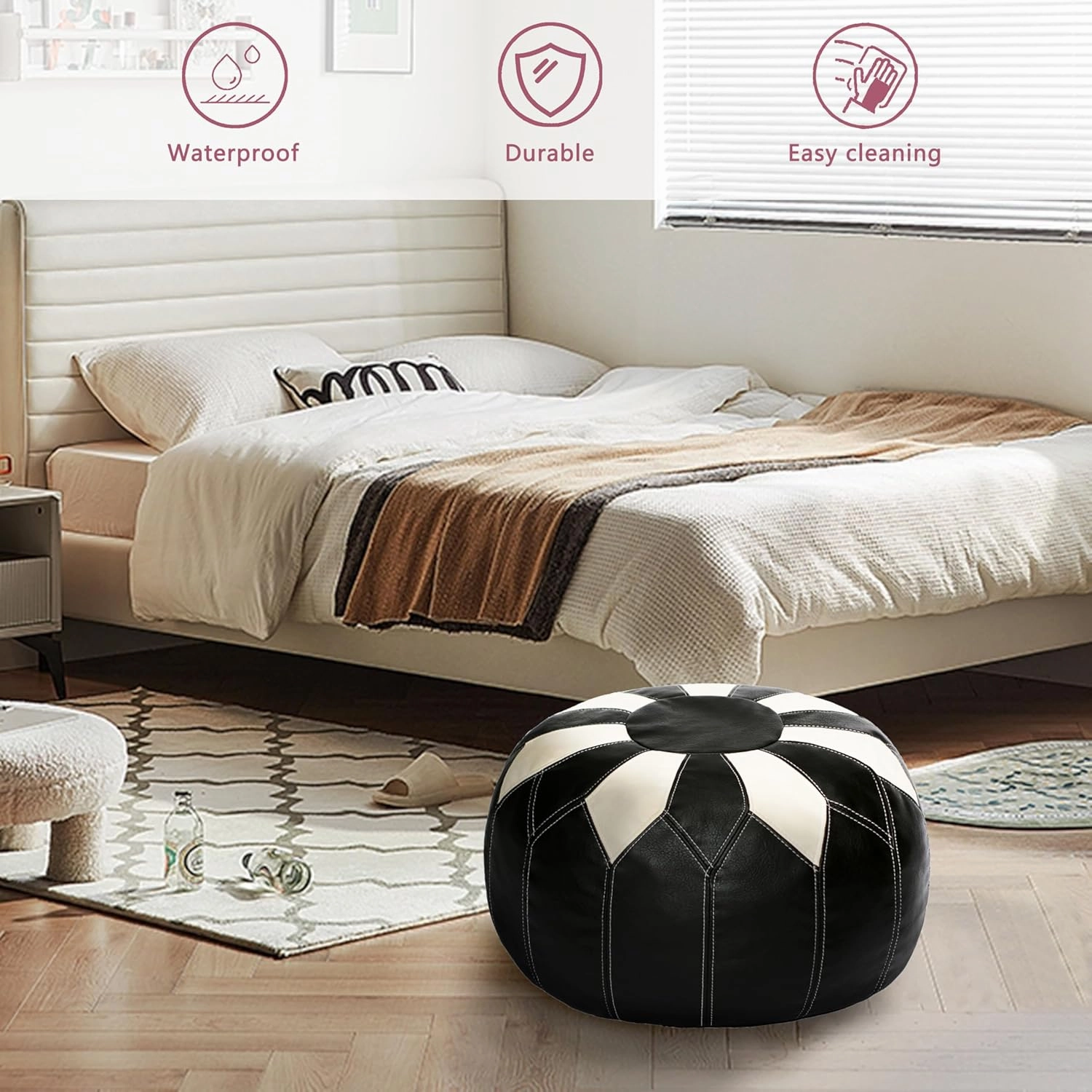 Thgonwid Unstuffed Moroccan Faux Leather Pouf Ottoman with Storage - Handmade Boho Chic Multi-Use Footrest for Living Room, Bedroom, Patio - Round Ethnic Floor Cushion & Decorative Accent, Black&White