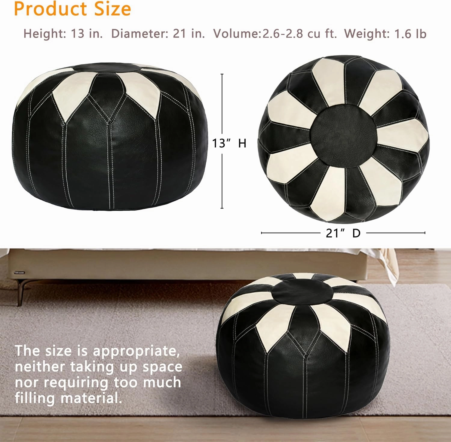 Thgonwid Unstuffed Moroccan Faux Leather Pouf Ottoman with Storage - Handmade Boho Chic Multi-Use Footrest for Living Room, Bedroom, Patio - Round Ethnic Floor Cushion & Decorative Accent, Black&White