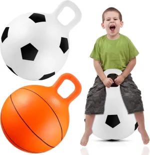 Threan 2 Pcs Jumping Hopper Bounce Balls with Handles for Kids 18'' Soccer Basketball Style Exercise Bouncy Ball for Kids 3-6 Years Jumping Sitting Racing