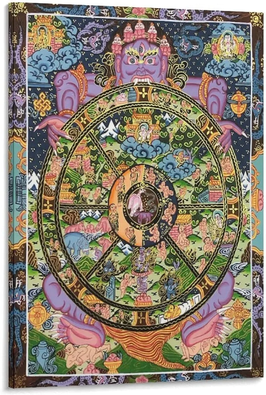 Tibetan Buddhism Mural-Wheel of Life Thangka, Sacred Buddhist Gift Canvas Thangka Art Home Decoration Poster Hanging Painting Printing Bedroom Living Room Decoration Painting 12x18inch(30x45cm)