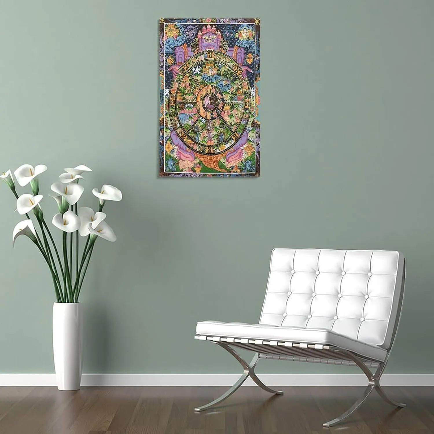 Tibetan Buddhism Mural-Wheel of Life Thangka, Sacred Buddhist Gift Canvas Thangka Art Home Decoration Poster Hanging Painting Printing Bedroom Living Room Decoration Painting 12x18inch(30x45cm)
