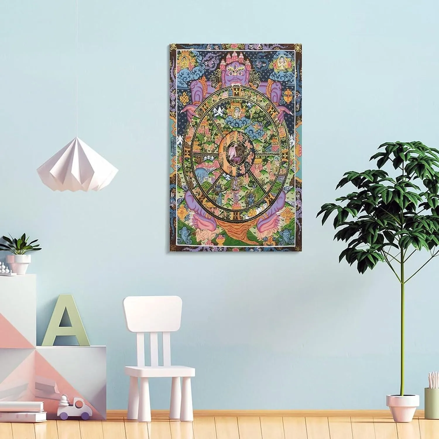 Tibetan Buddhism Mural-Wheel of Life Thangka, Sacred Buddhist Gift Canvas Thangka Art Home Decoration Poster Hanging Painting Printing Bedroom Living Room Decoration Painting 12x18inch(30x45cm)