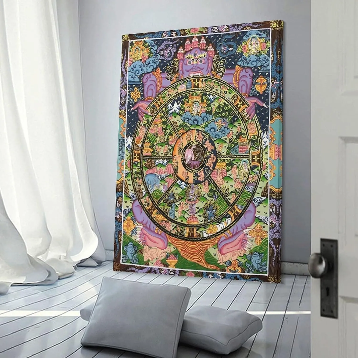 Tibetan Buddhism Mural-Wheel of Life Thangka, Sacred Buddhist Gift Canvas Thangka Art Home Decoration Poster Hanging Painting Printing Bedroom Living Room Decoration Painting 12x18inch(30x45cm)