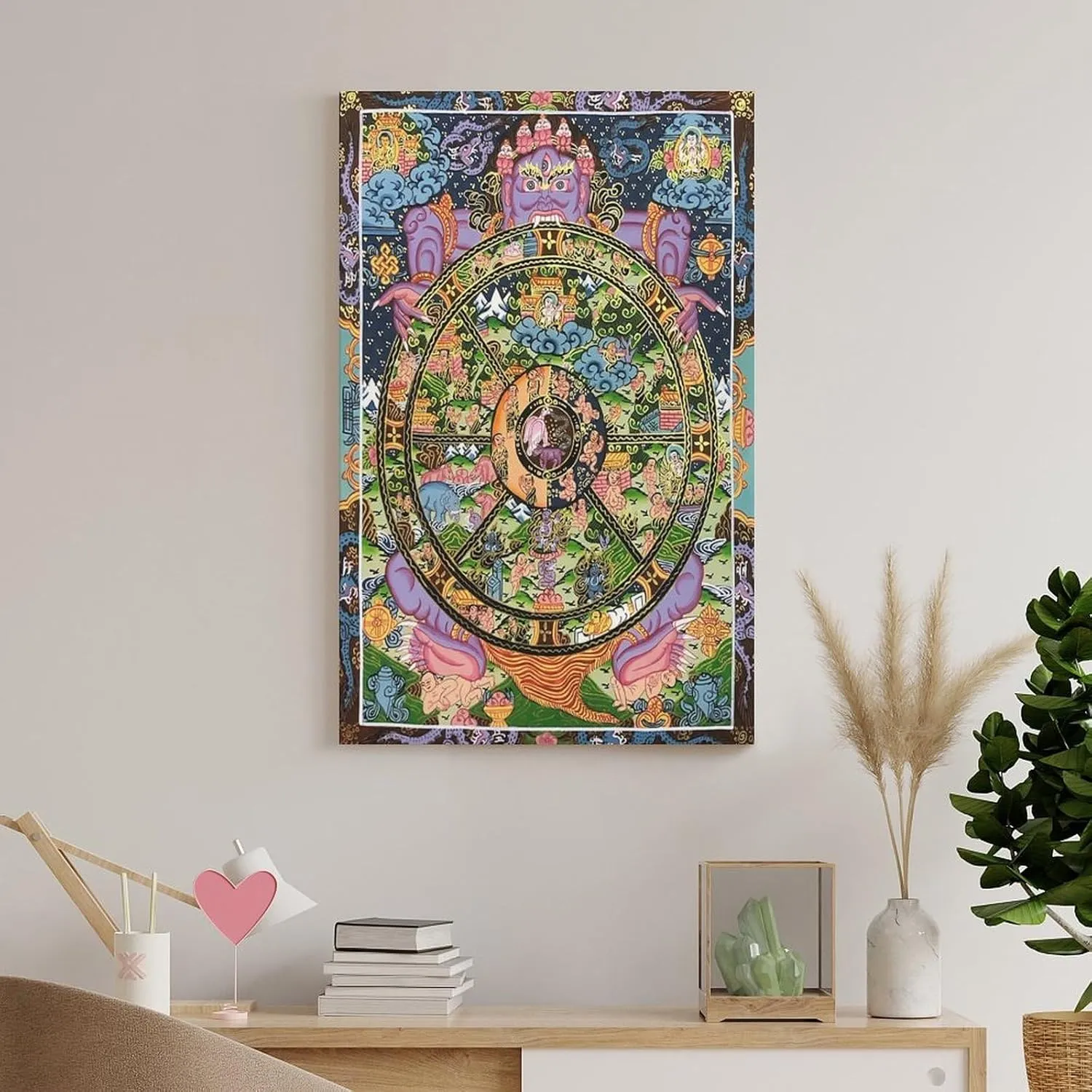 Tibetan Buddhism Mural-Wheel of Life Thangka, Sacred Buddhist Gift Canvas Thangka Art Home Decoration Poster Hanging Painting Printing Bedroom Living Room Decoration Painting 12x18inch(30x45cm)