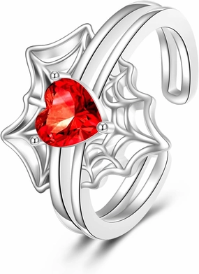 TIGER RIDER Spider Web 925 Sterling Silver Open Ring for Women Red Zirconia Adjustable Ring for Her Heart Shaped Jewelry Gothic Gift