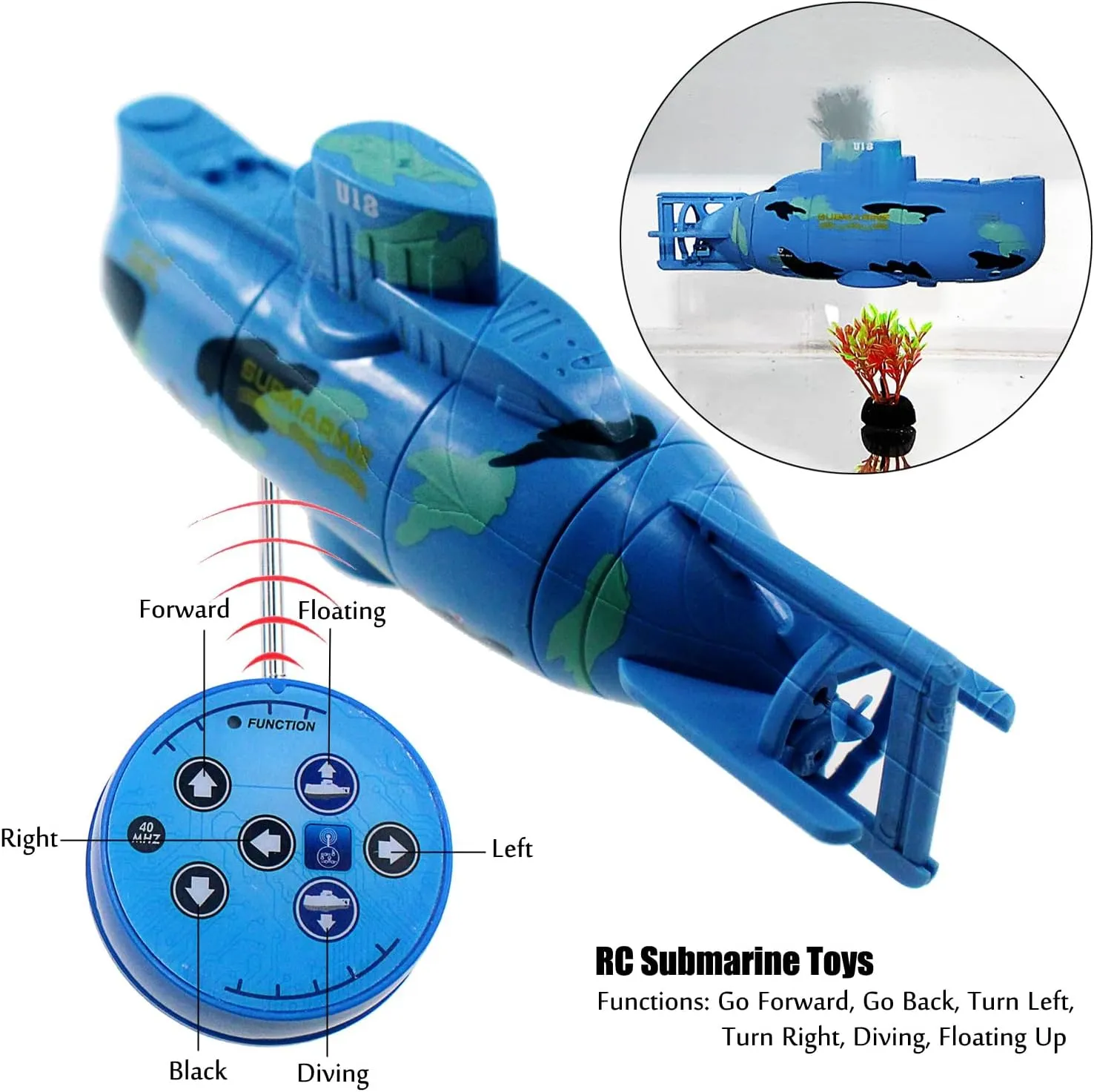 Tipmant Mini RC Submarine Toys Remote Control Boat Electric Swim Diving Fish Tank Water Tube Kids Birthday Gifts (Blue)