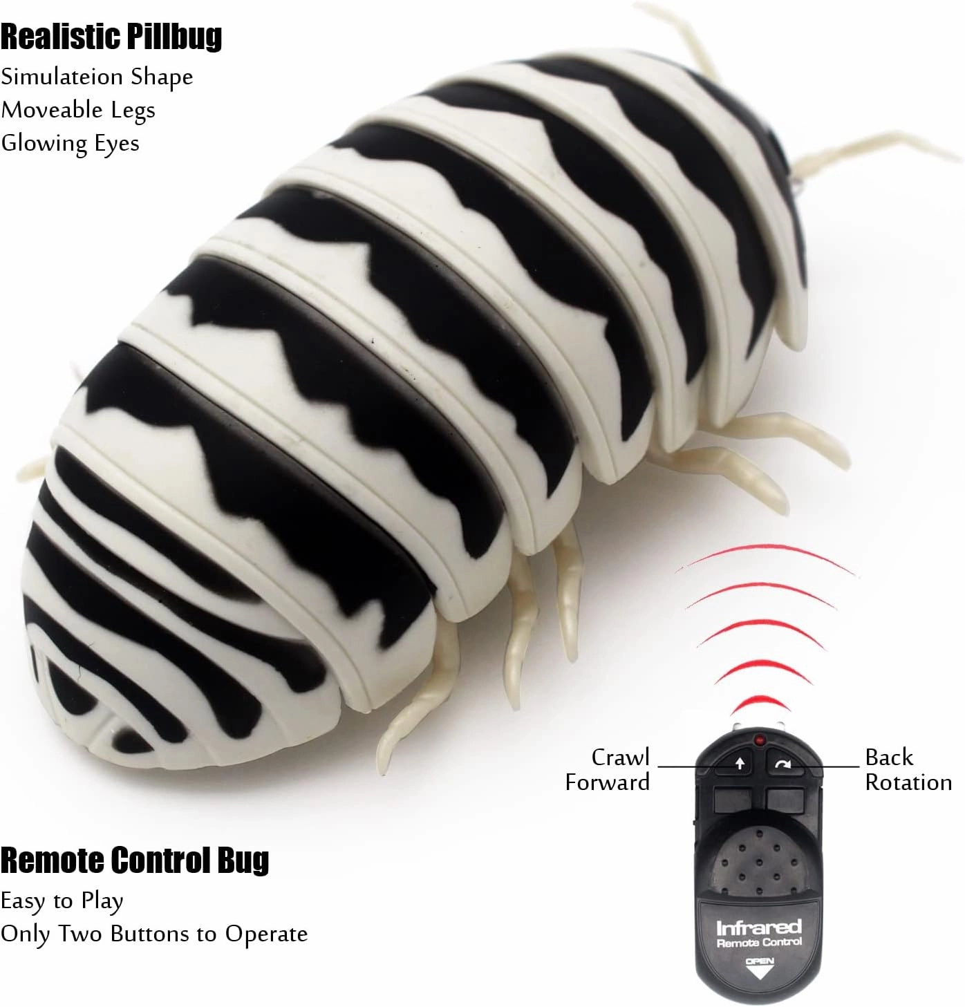 Tipmant RC Bug Remote Control Worm Realistic Pillbug Electronic Animal Prank Toy Insect Car Vehicle Kids Birthday Gifts (Black & White)