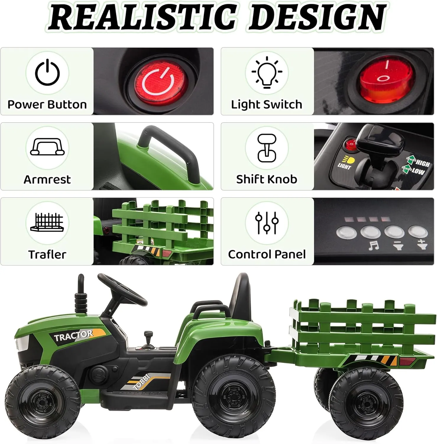TOBBI Kids Electric Ride On Toy Tractor, 12v Battery-Powered 4 Wheels Ride On Car with Trailer, 35W Dual Motors/3-Gear-Shift/LED Lights/USB Audio Functions for Toddlers 3-6 Years-Dark Green