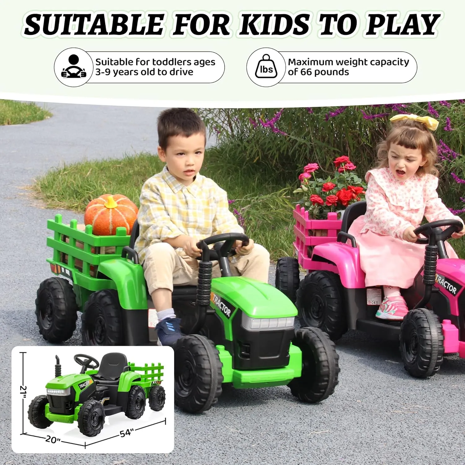 TOBBI Kids Electric Ride On Toy Tractor, 12v Battery-Powered 4 Wheels Ride On Car with Trailer, 35W Dual Motors/3-Gear-Shift/LED Lights/USB Audio Functions for Toddlers 3-6 Years-Dark Green