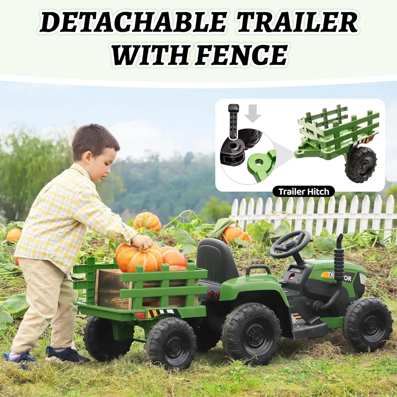 TOBBI Kids Electric Ride On Toy Tractor, 12v Battery-Powered 4 Wheels Ride On Car with Trailer, 35W Dual Motors/3-Gear-Shift/LED Lights/USB Audio Functions for Toddlers 3-6 Years-Dark Green