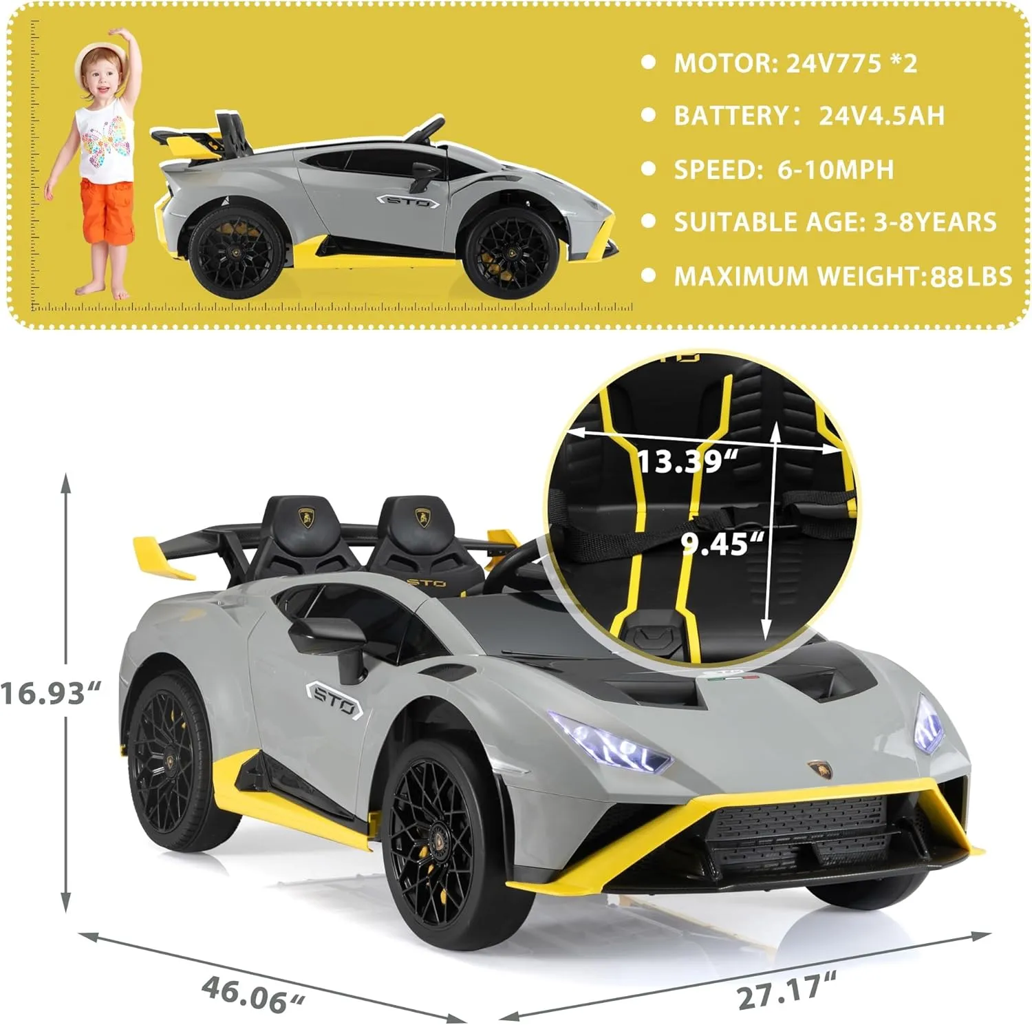 TOBBI Kids Ride on 24V Licensed Lamborghini STO Electric Car for Kids 3-8 Battery Powered Ride on Toys Lambo Sports Car with Remote Control Motorized Drift Vehicle High Speed 10km/h, Gray