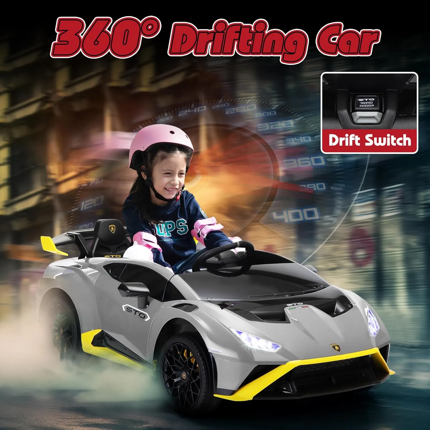 TOBBI Kids Ride on 24V Licensed Lamborghini STO Electric Car for Kids 3-8 Battery Powered Ride on Toys Lambo Sports Car with Remote Control Motorized Drift Vehicle High Speed 10km/h, Gray