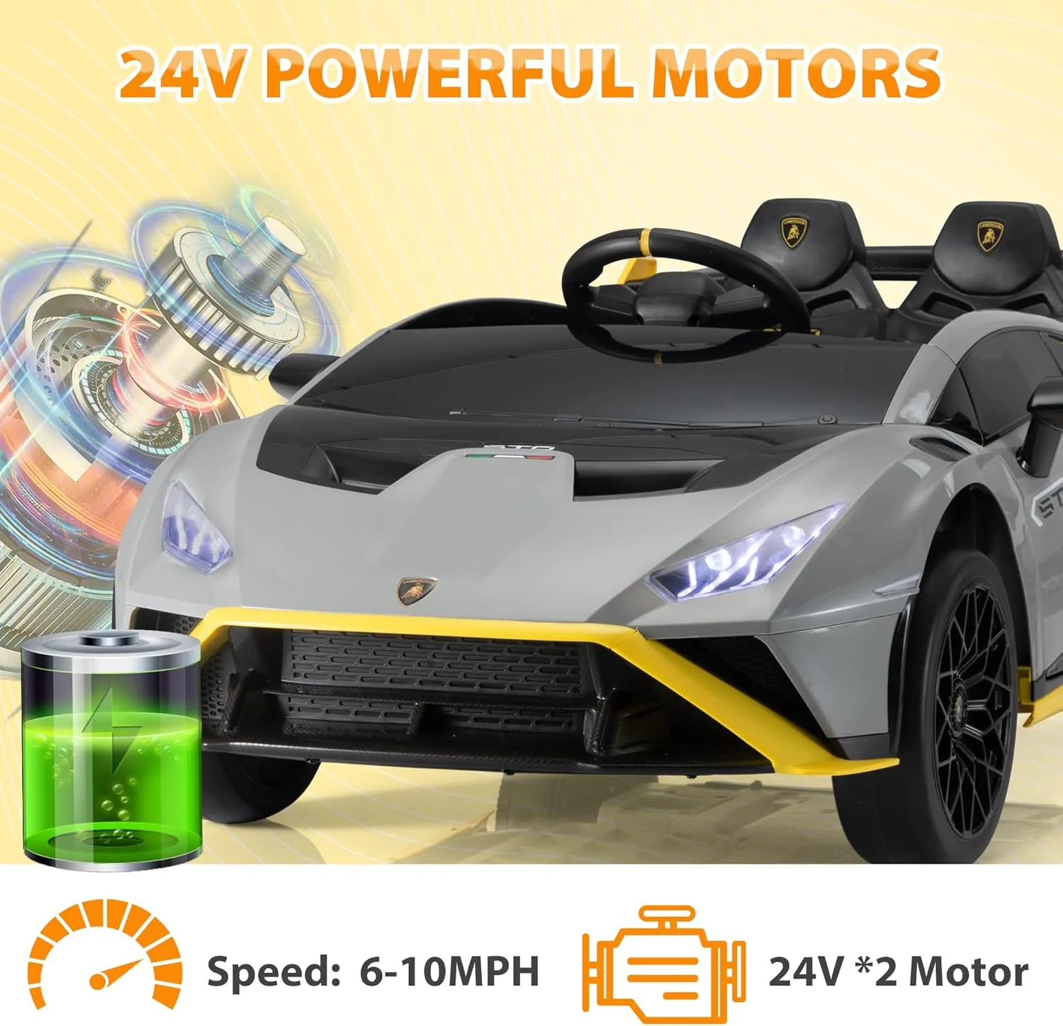 TOBBI Kids Ride on 24V Licensed Lamborghini STO Electric Car for Kids 3-8 Battery Powered Ride on Toys Lambo Sports Car with Remote Control Motorized Drift Vehicle High Speed 10km/h, Gray